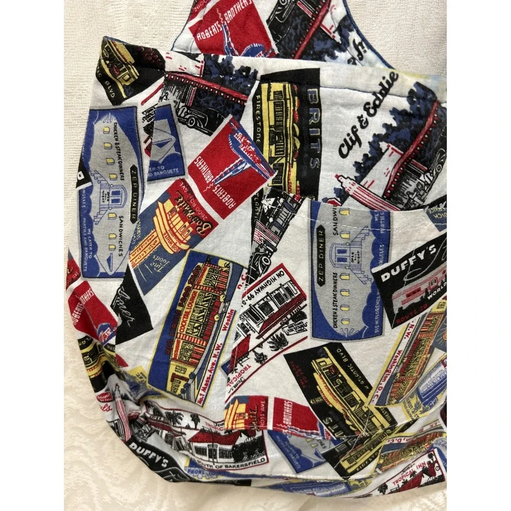 Handmade Reversible Tote‎ Bag Vintage Diner Roadside Print Denim Hobo Bucket Bag